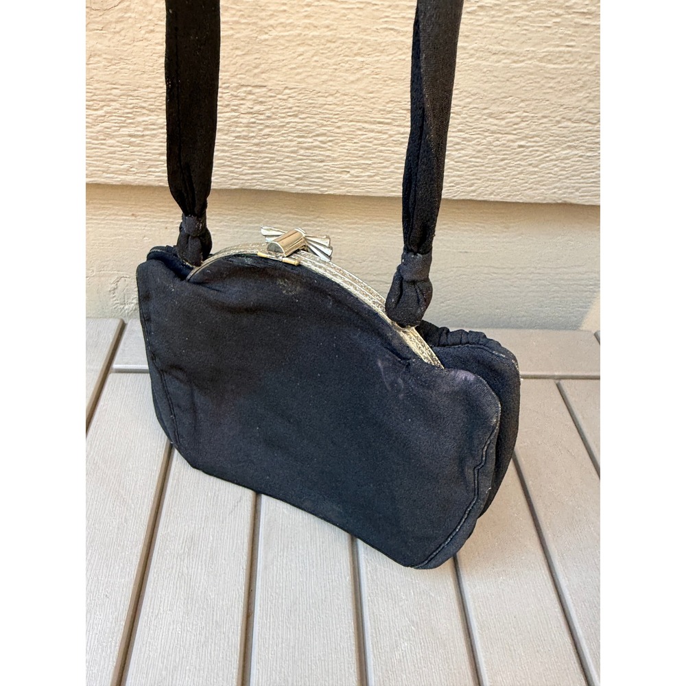 Vintage Black Fabric Handbag Silver Tone Fan Clasp Mid Century Evening Bag -BE - Picture 4 of 6